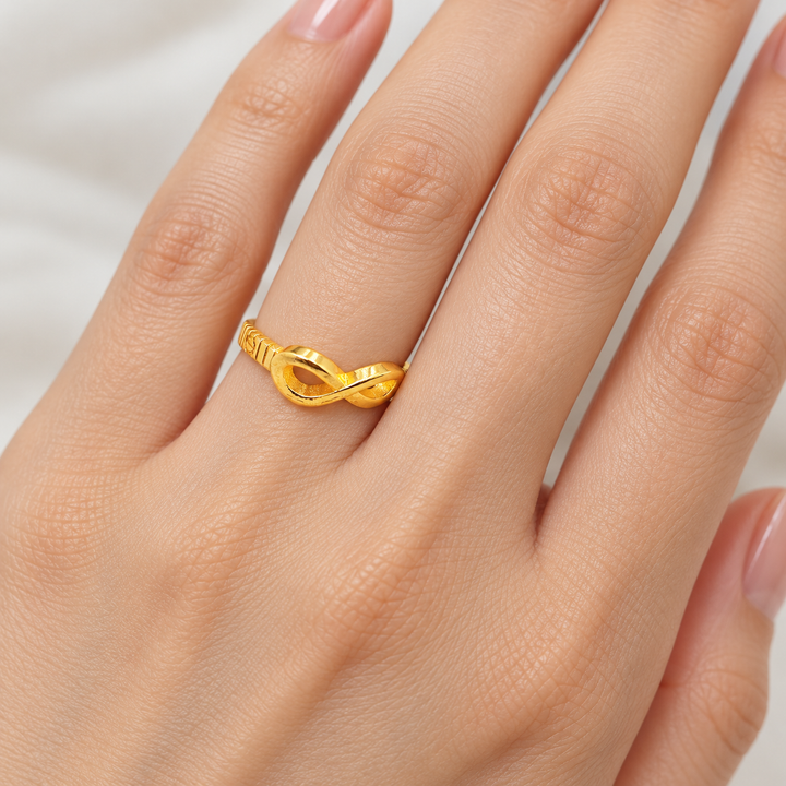 AI-generated try-on simulation of a 21K gold ring with a small open infinity loop.