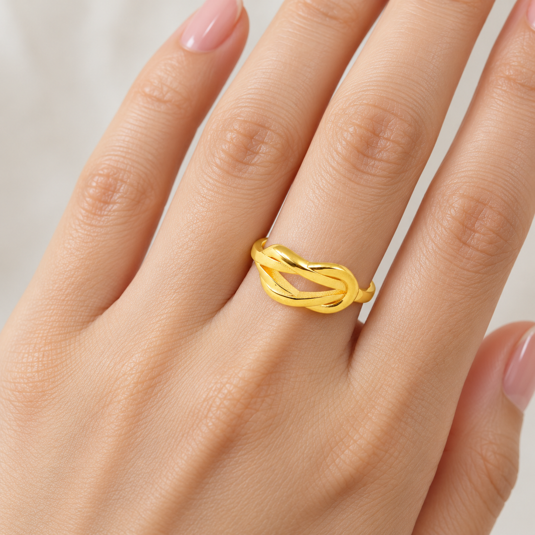AI-generated try-on simulation of a 21K gold ring with three layered wave bands.