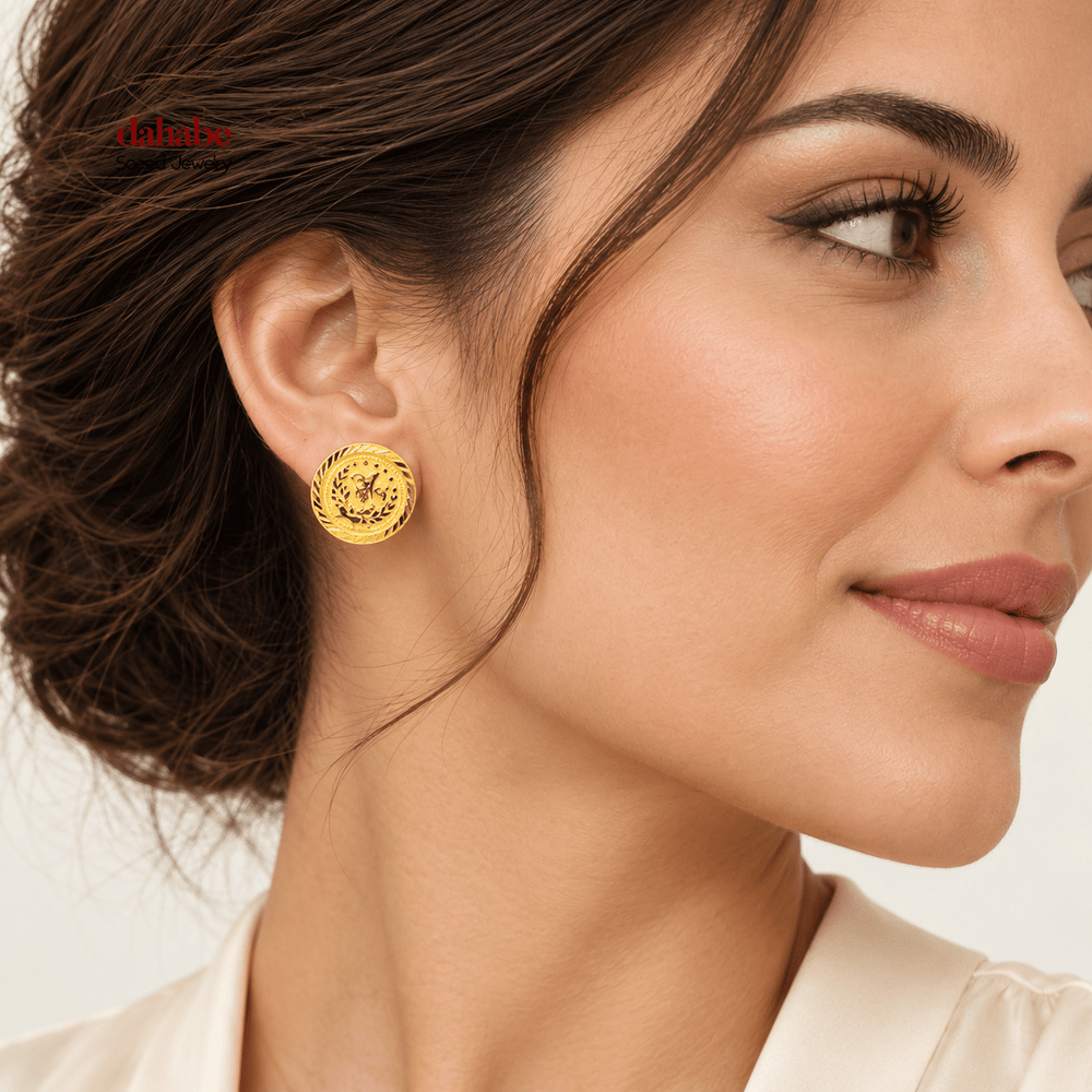 AI-generated try-on simulation of 21K gold Rashadi screw-back coin stud earring, 1.5 cm