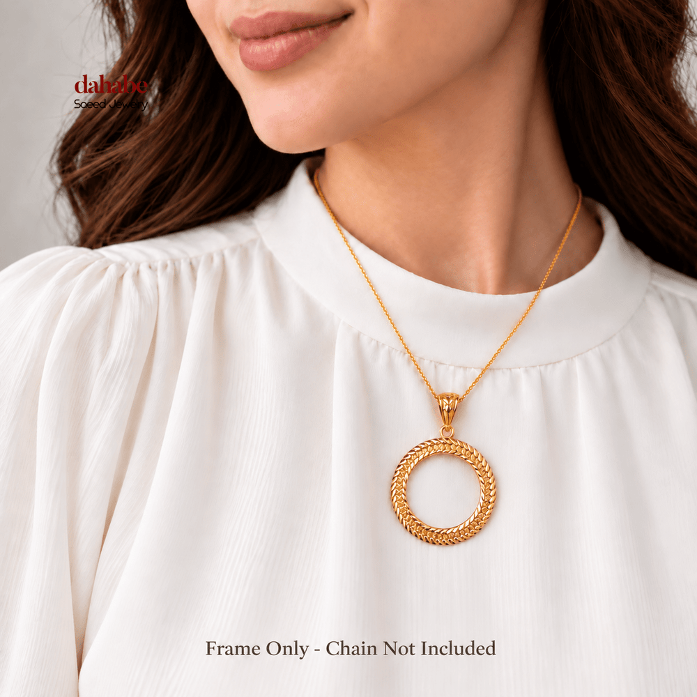 AI-generated try-on image of a 21K gold engraved Rashadi pendant frame worn on a model; chain not included.