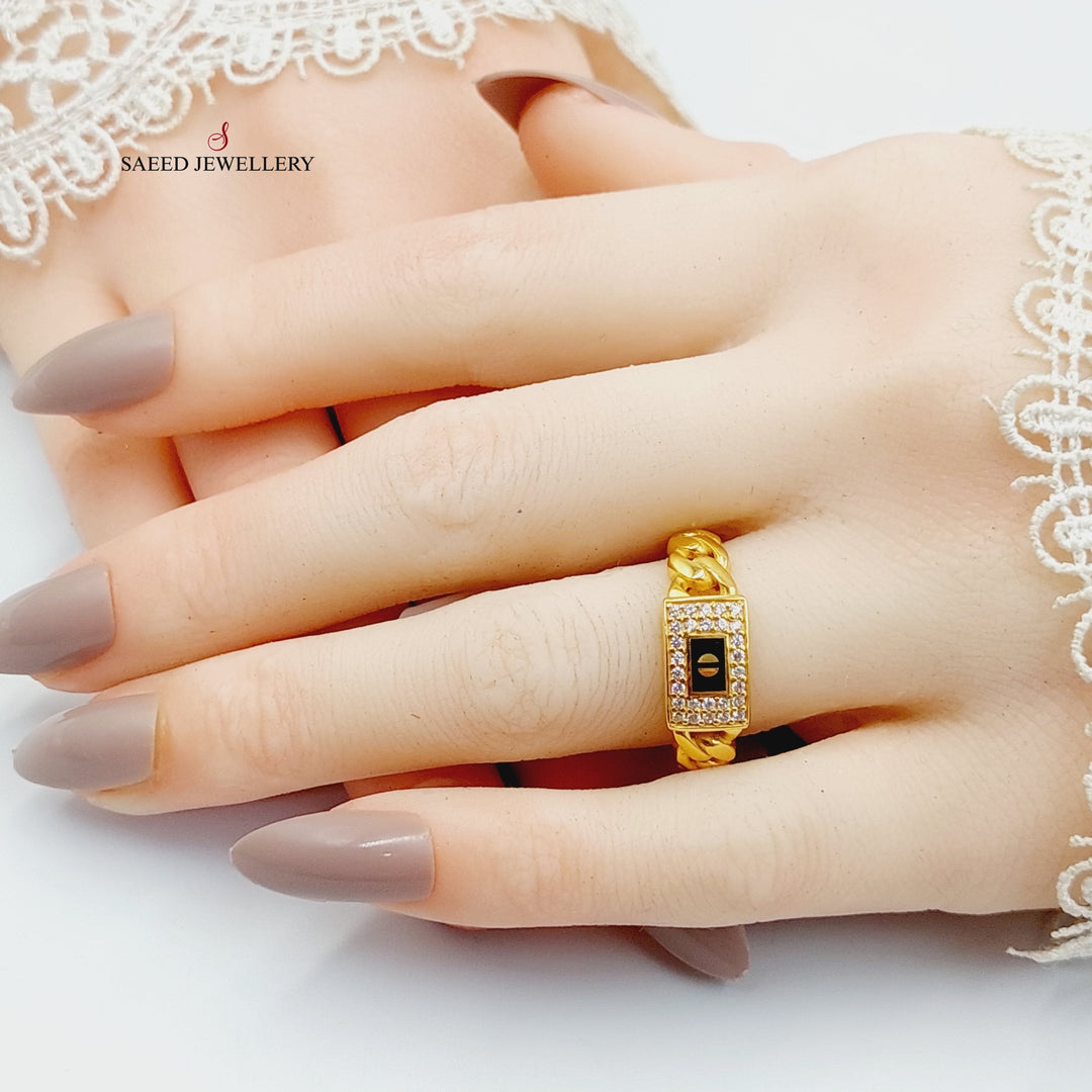 Enameled &amp;amp; Zircon Studded Cuban Links Ring  Made Of 21K Yellow Gold by Saeed Jewelry-29298