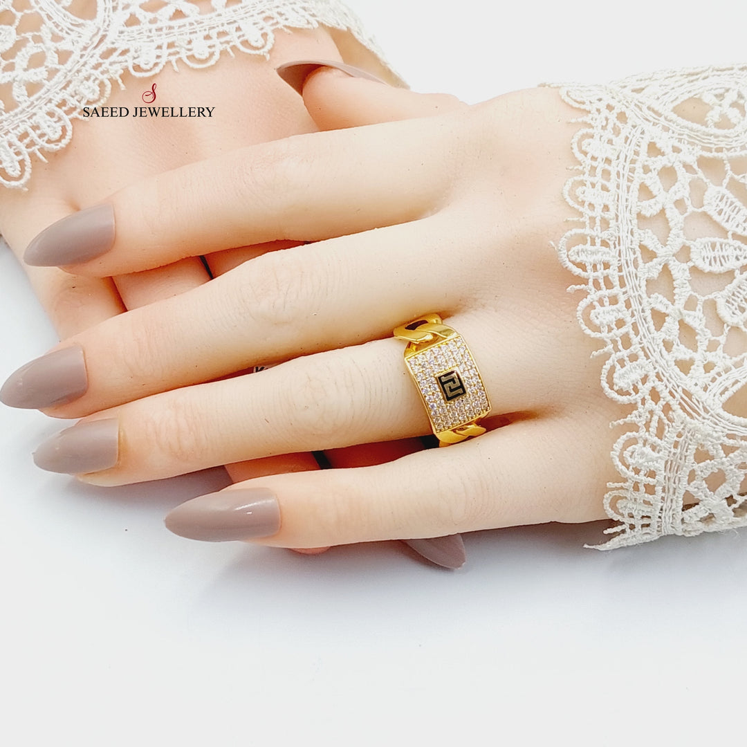 Enameled &amp;amp; Zircon Studded Cuban Links Ring  Made Of 21K Yellow Gold by Saeed Jewelry-29299