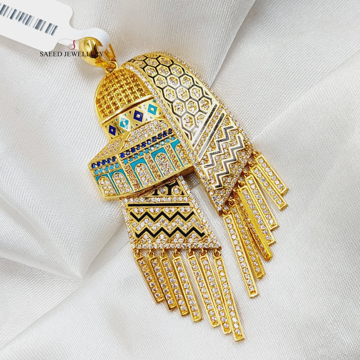 Enameled &amp;amp; Zircon Studded Jerusalem Pendant  Made Of 21K Yellow Gold by Saeed Jewelry-29017