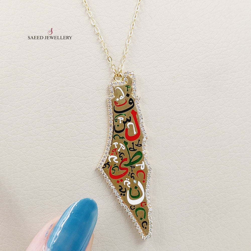 Enameled &amp; Zircon Studded Palestine Necklace  Made Of 18K Yellow Gold by Saeed Jewelry-29384