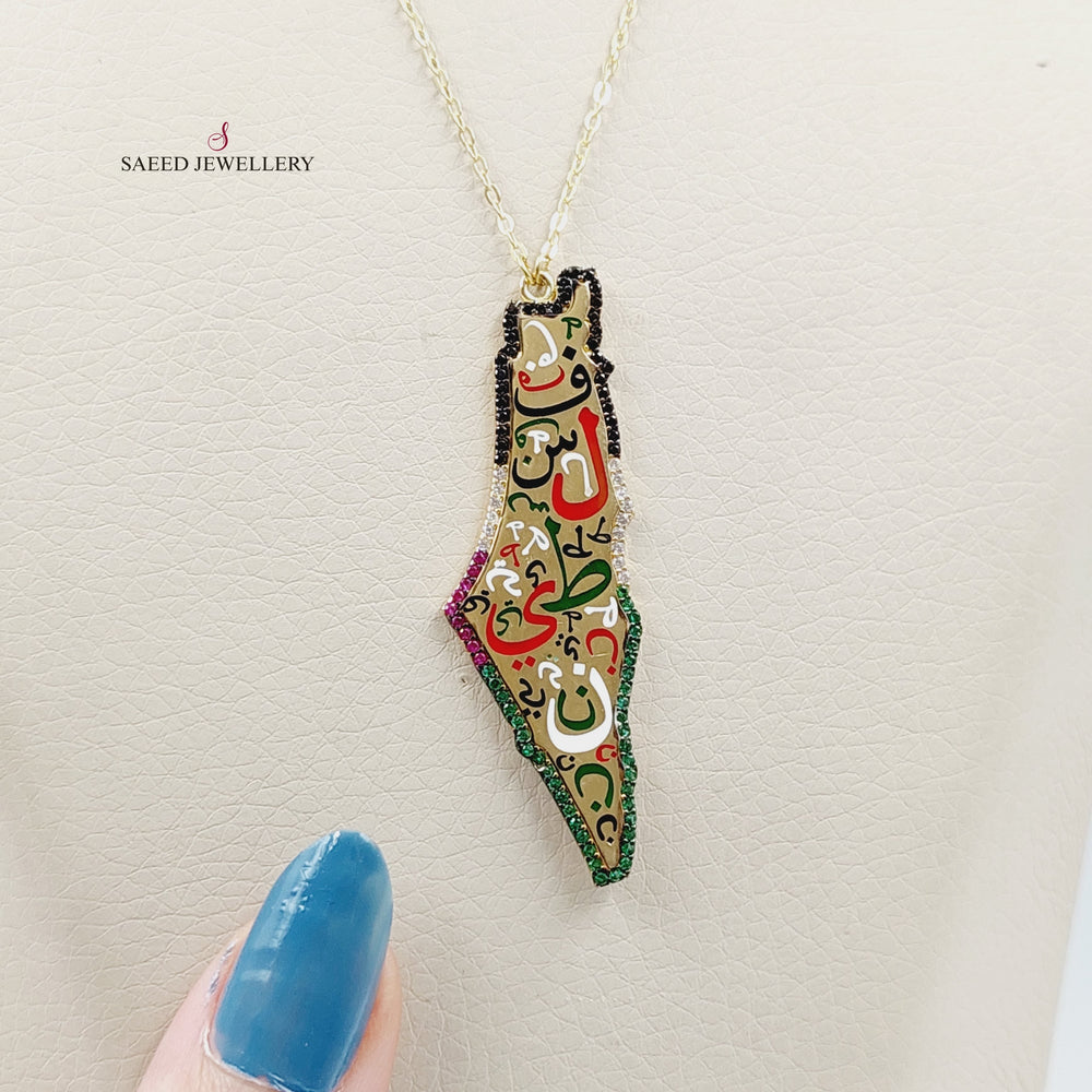 Enameled &amp; Zircon Studded Palestine Necklace  Made Of 18K Yellow Gold by Saeed Jewelry-29385
