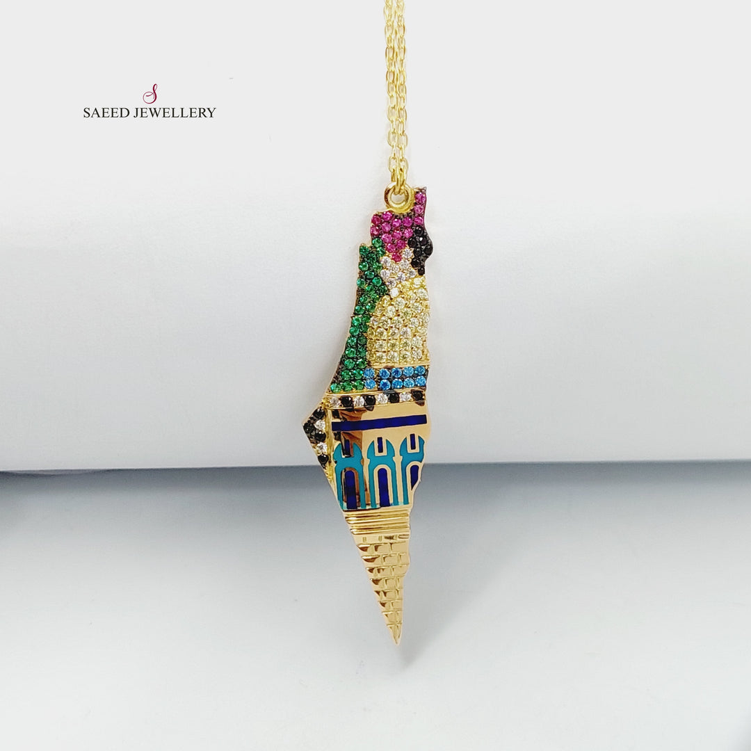 Enameled &amp;amp; Zircon Studded Palestine Necklace  Made Of 18K Yellow Gold by Saeed Jewelry-29386