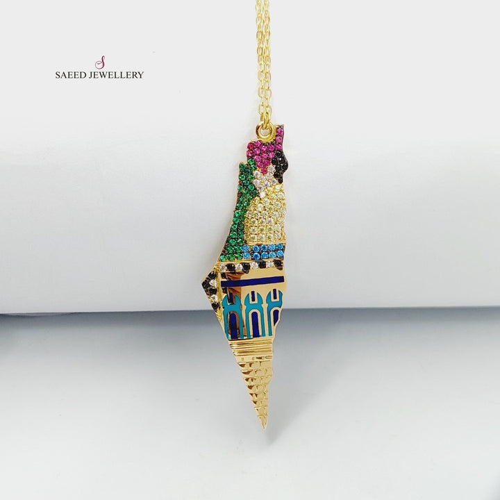 Enameled &amp;amp; Zircon Studded Palestine Necklace  Made Of 18K Yellow Gold by Saeed Jewelry-29386