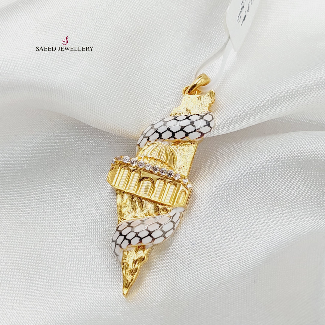 Enameled &amp;amp; Zircon Studded Palestine Pendant  Made Of 21K Yellow Gold by Saeed Jewelry-29599