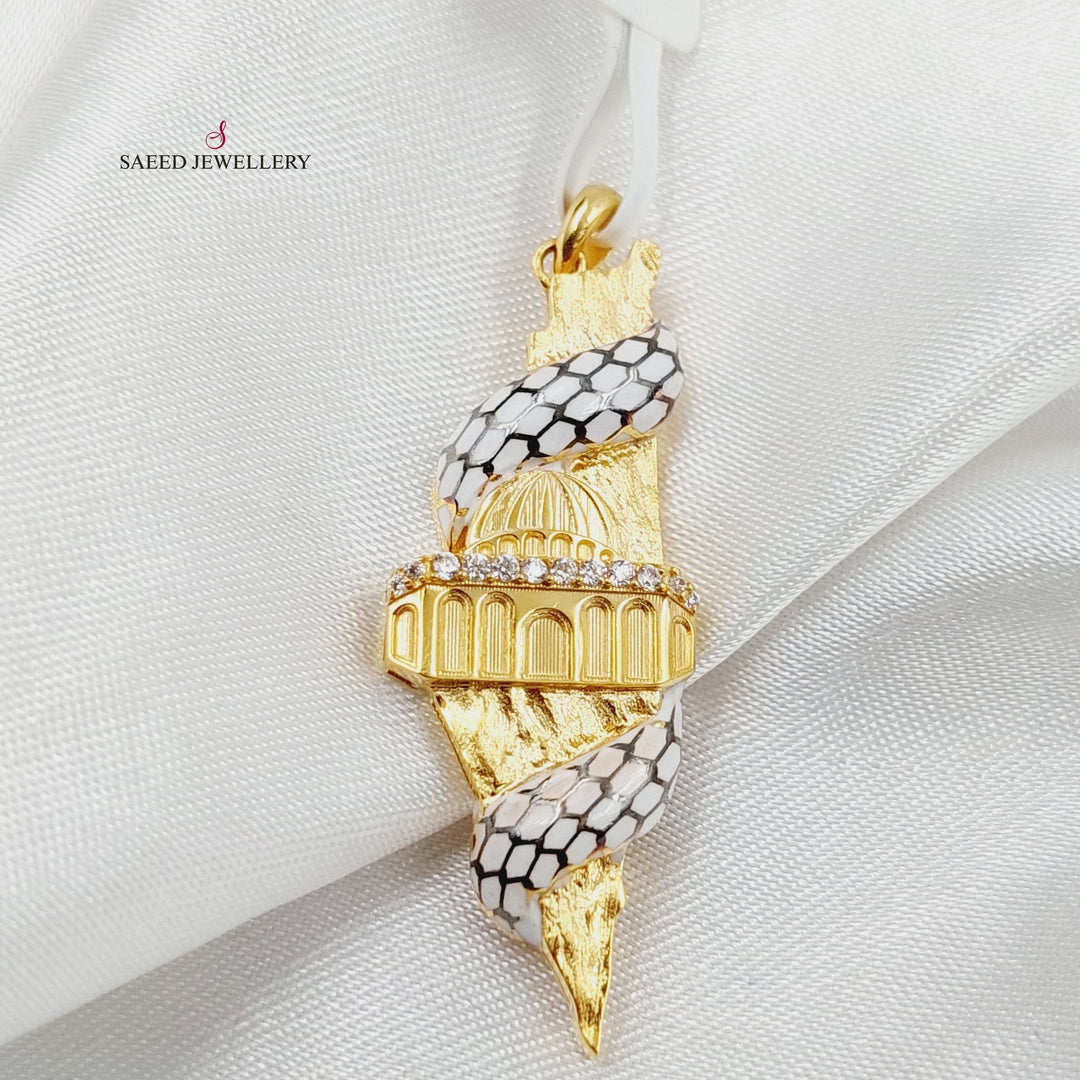 Enameled &amp;amp; Zircon Studded Palestine Pendant  Made Of 21K Yellow Gold by Saeed Jewelry-29599