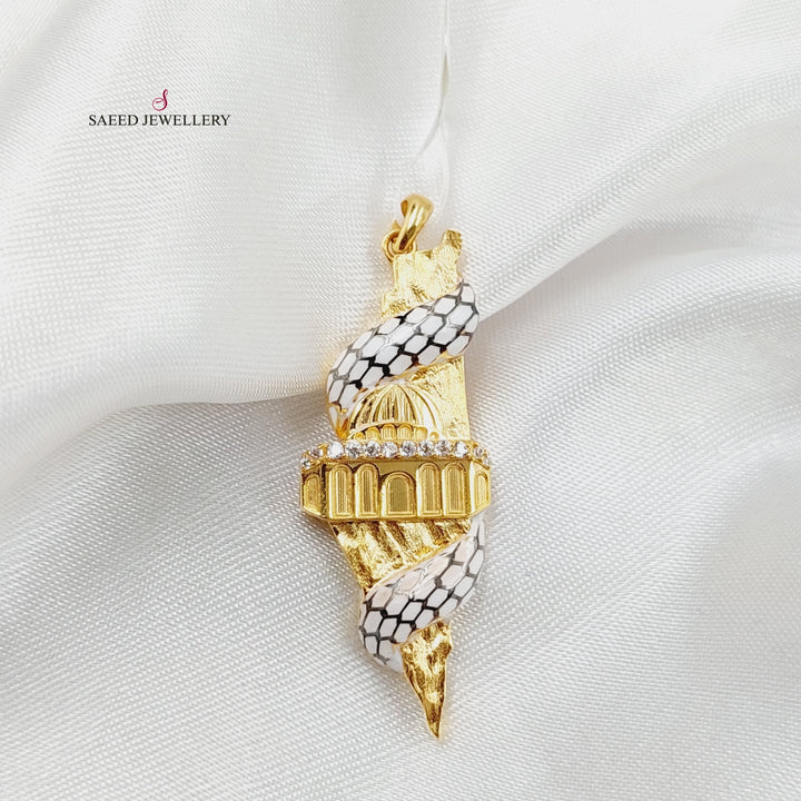 Enameled &amp;amp; Zircon Studded Palestine Pendant  Made Of 21K Yellow Gold by Saeed Jewelry-29599