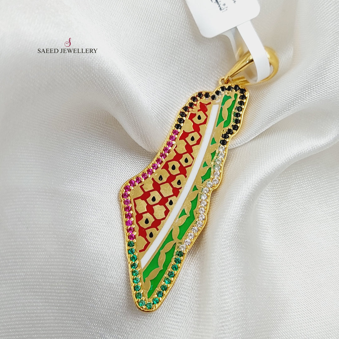 Enameled &amp; Zircon Studded Palestine Pendant  Made Of 21K Yellow Gold by Saeed Jewelry-29854