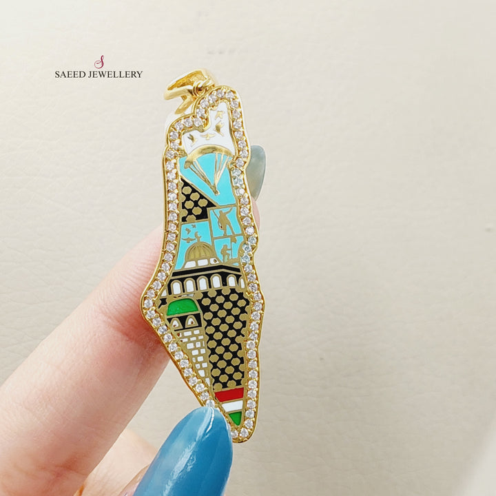 Enameled &amp;amp; Zircon Studded Palestine Pendant  Made Of 21K Yellow Gold by Saeed Jewelry-29941
