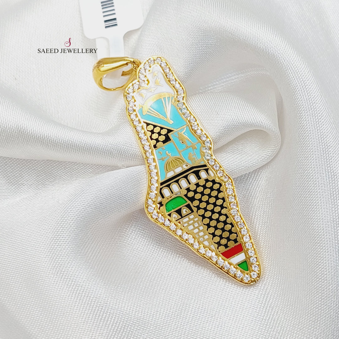 Enameled &amp;amp; Zircon Studded Palestine Pendant  Made Of 21K Yellow Gold by Saeed Jewelry-29941