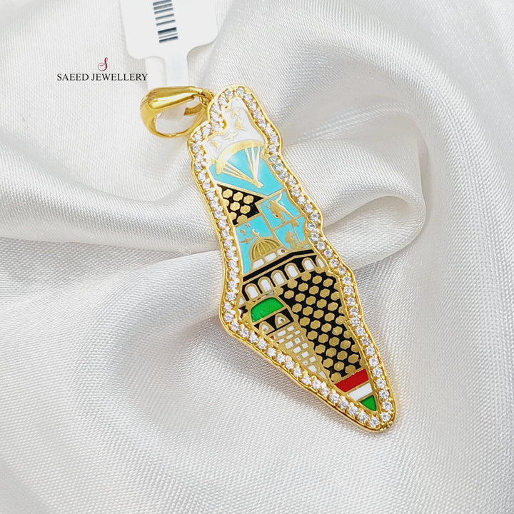 Enameled &amp;amp; Zircon Studded Palestine Pendant  Made Of 21K Yellow Gold by Saeed Jewelry-29941