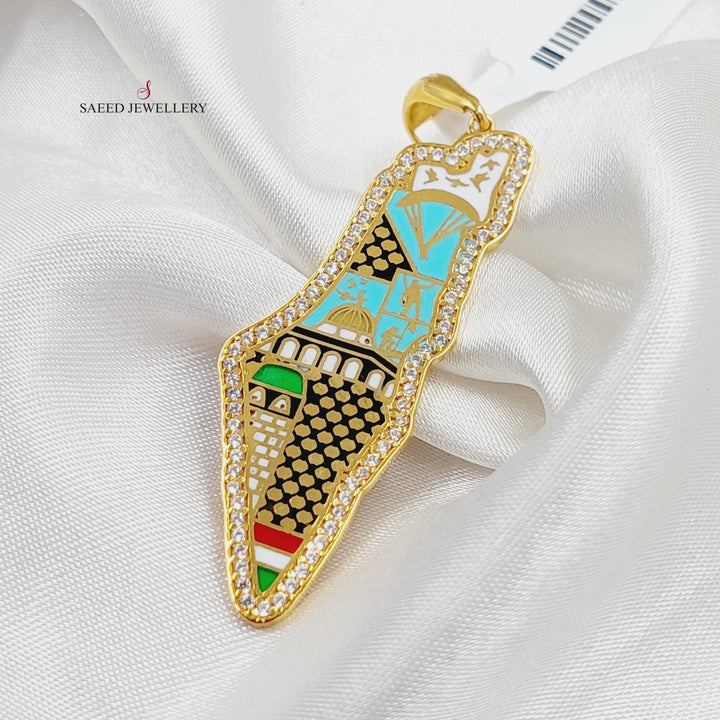 Enameled &amp;amp; Zircon Studded Palestine Pendant  Made Of 21K Yellow Gold by Saeed Jewelry-29941