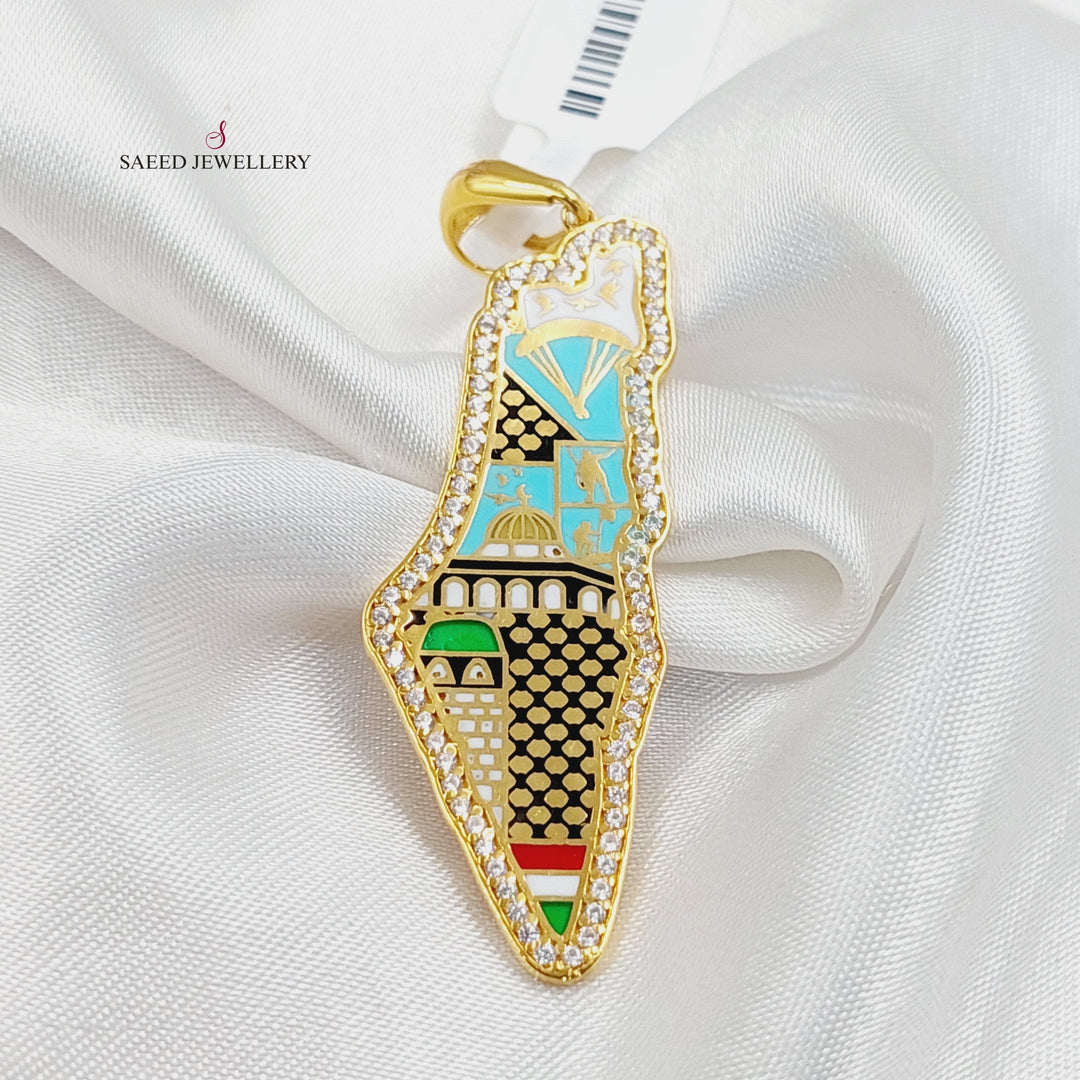 Enameled &amp;amp; Zircon Studded Palestine Pendant  Made Of 21K Yellow Gold by Saeed Jewelry-29941