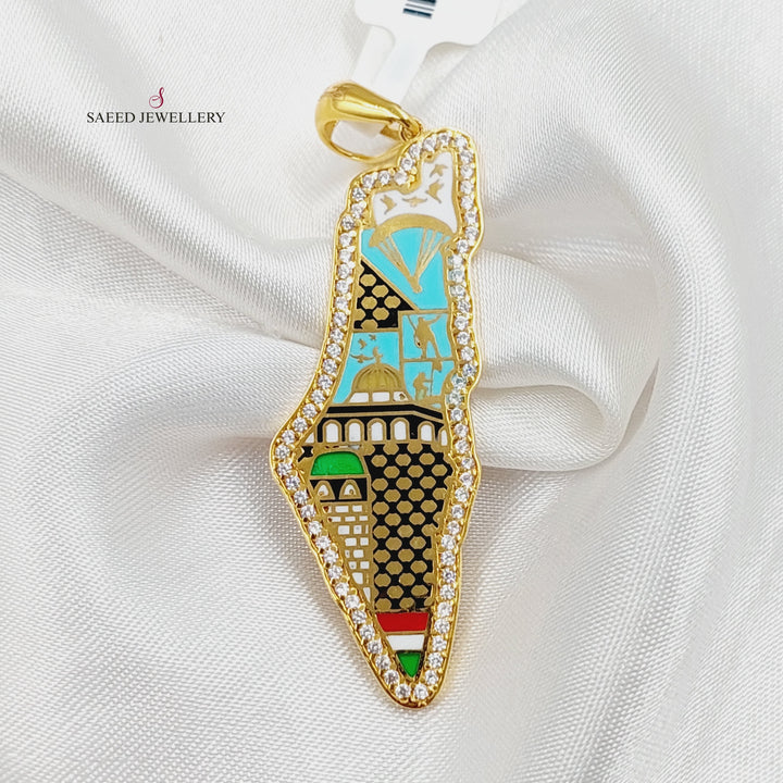 Enameled &amp;amp; Zircon Studded Palestine Pendant  Made Of 21K Yellow Gold by Saeed Jewelry-29941