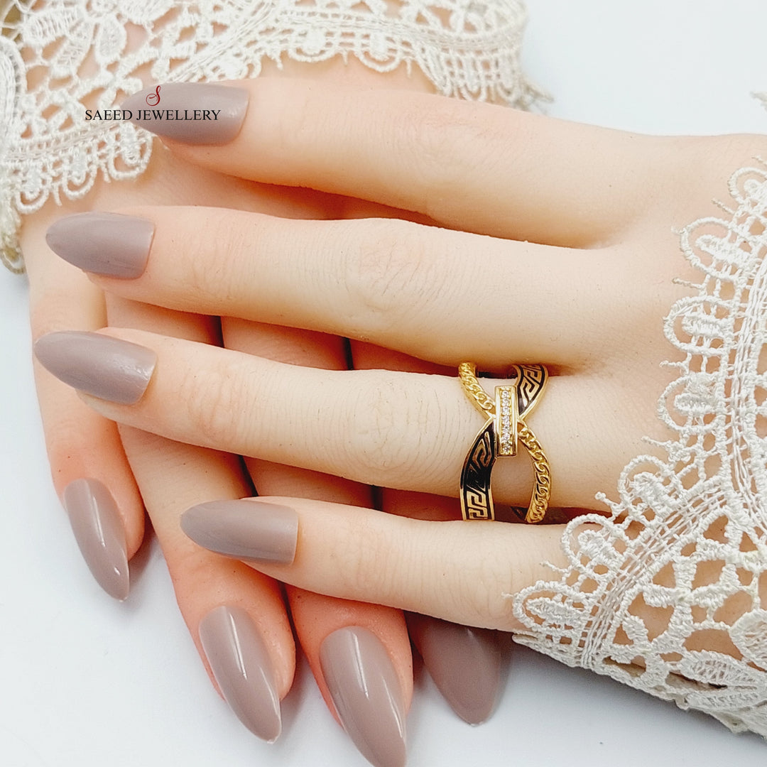 Enameled &amp;amp; Zircon Studded X Style Ring  Made Of 21K Yellow Gold by Saeed Jewelry-29034