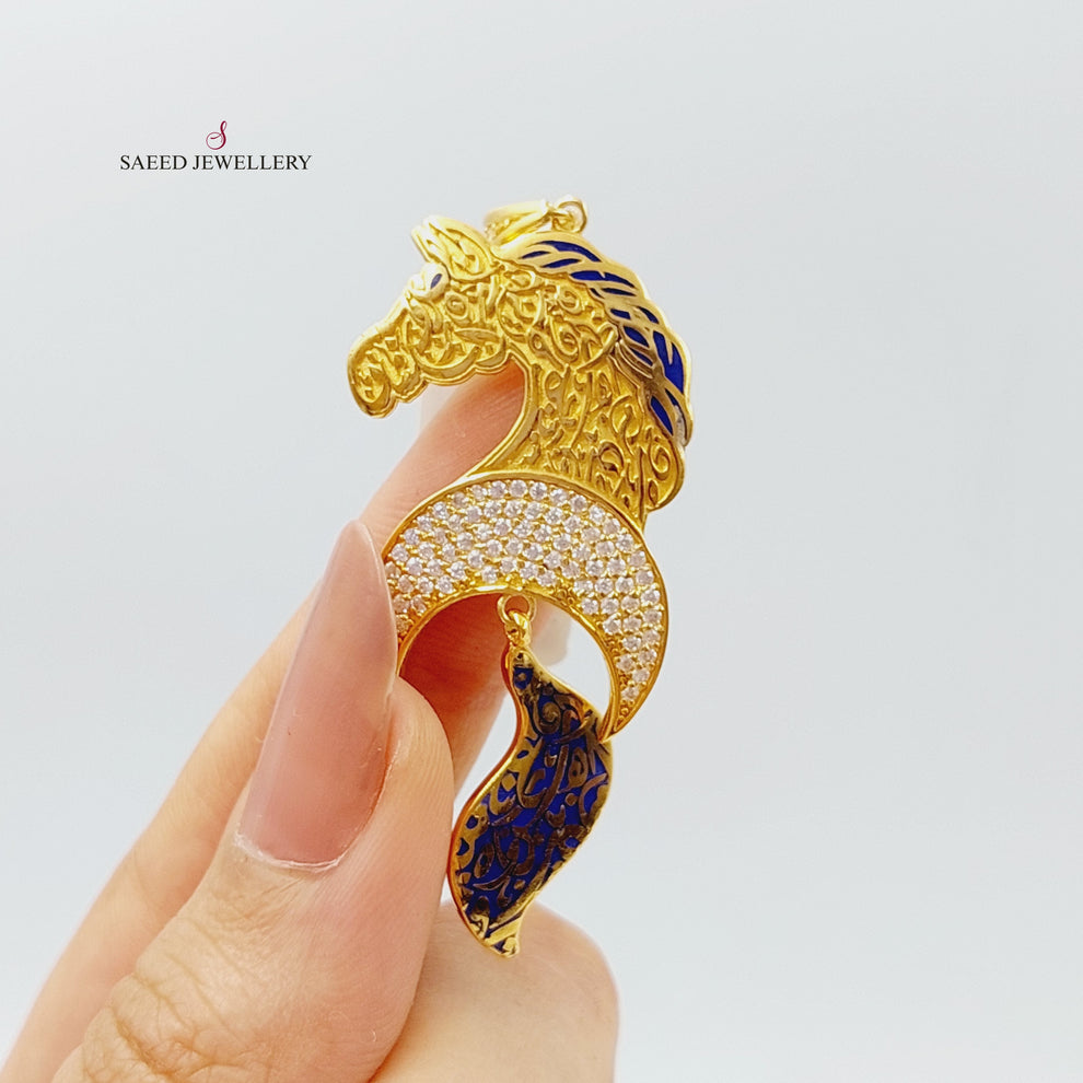 Enameled &amp; Zirconed Horse Pendant Made Of 21K Yellow Gold by Saeed Jewelry-28431