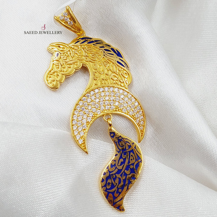 Enameled &amp;amp; Zirconed Horse Pendant Made Of 21K Yellow Gold by Saeed Jewelry-28431