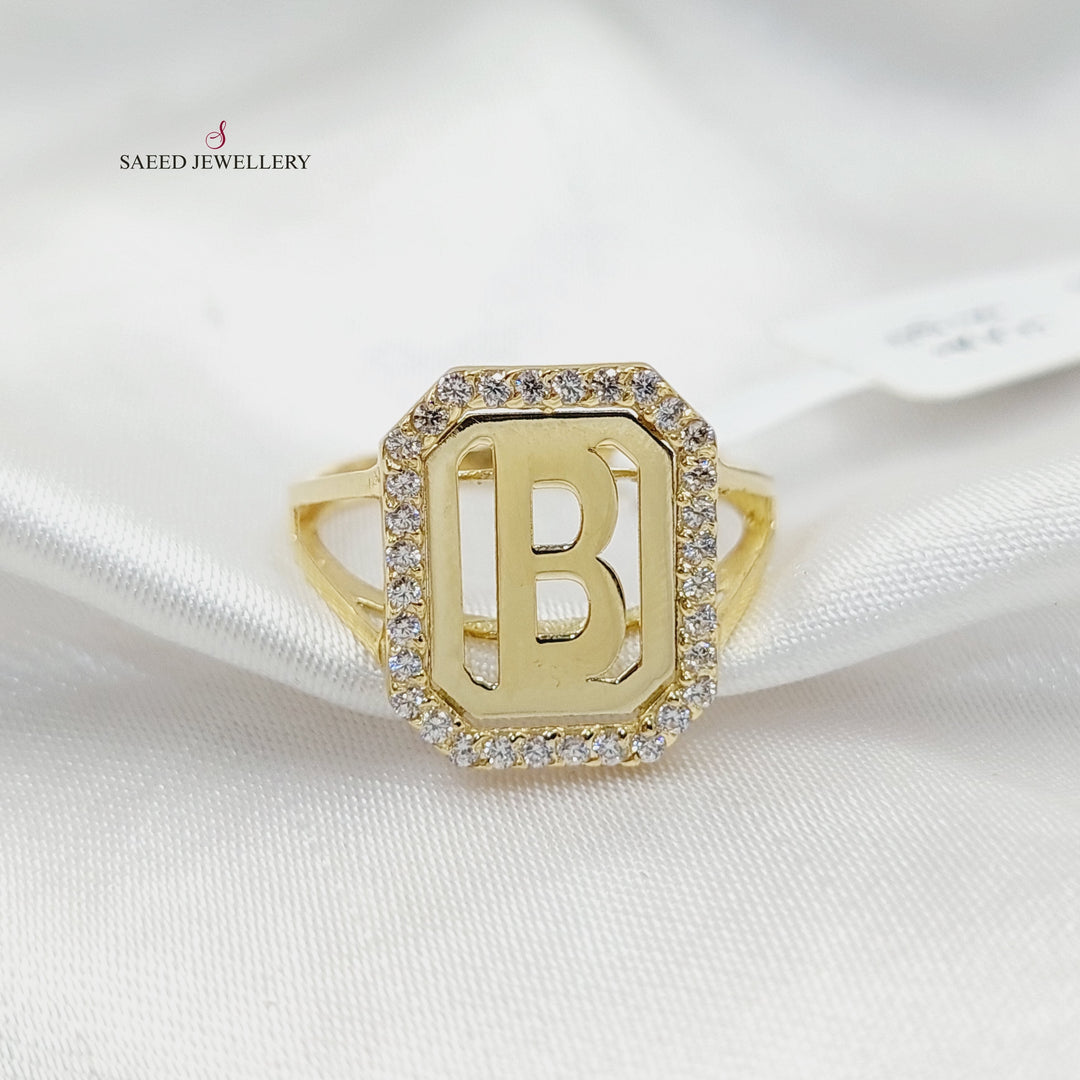 Zircon Studded B Letter Ring  Made Of 18K Yellow Gold by Saeed Jewelry-29876