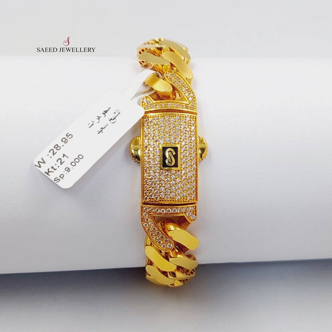 Zircon Studded Cuban Links Bracelet  Made Of 21K Yellow Gold by Saeed Jewelry-30435