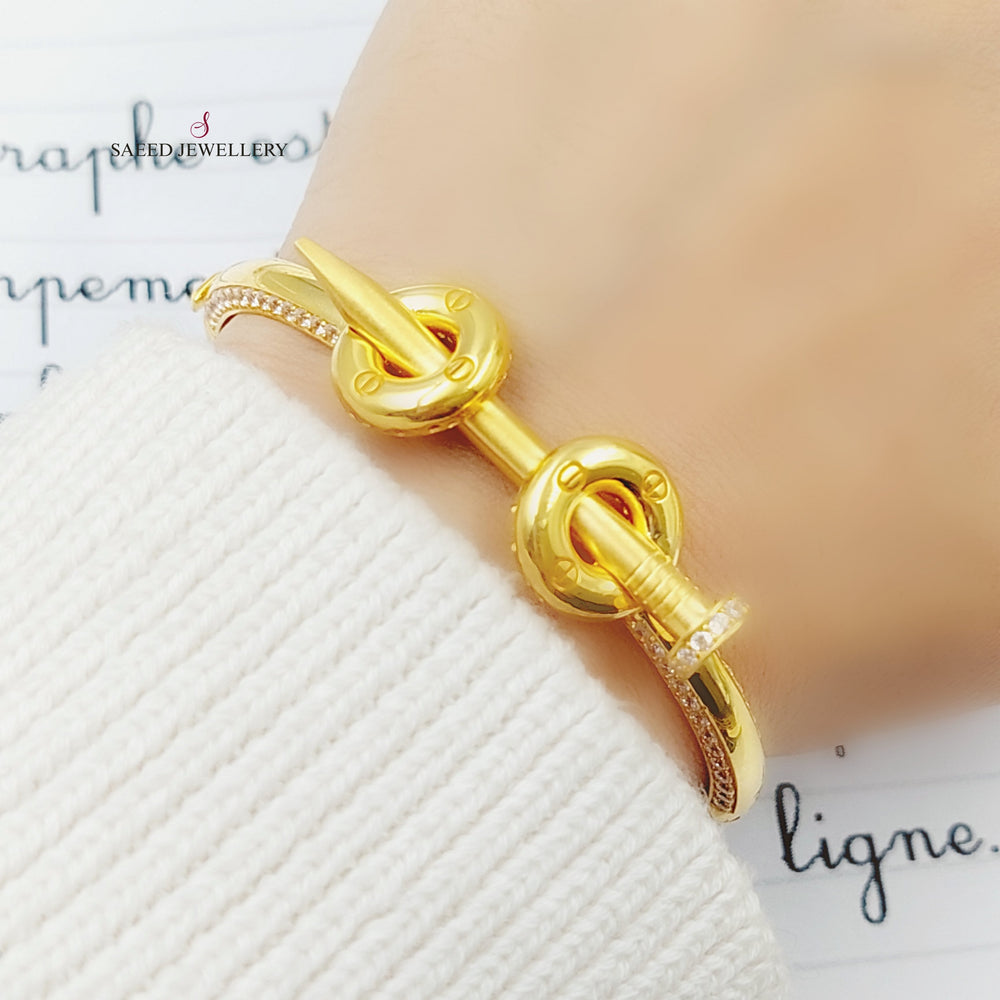 Zircon Studded Turkish Nail Bangle Bracelet Made of 21K Yellow Gold  by Saeed Jewelry-25900