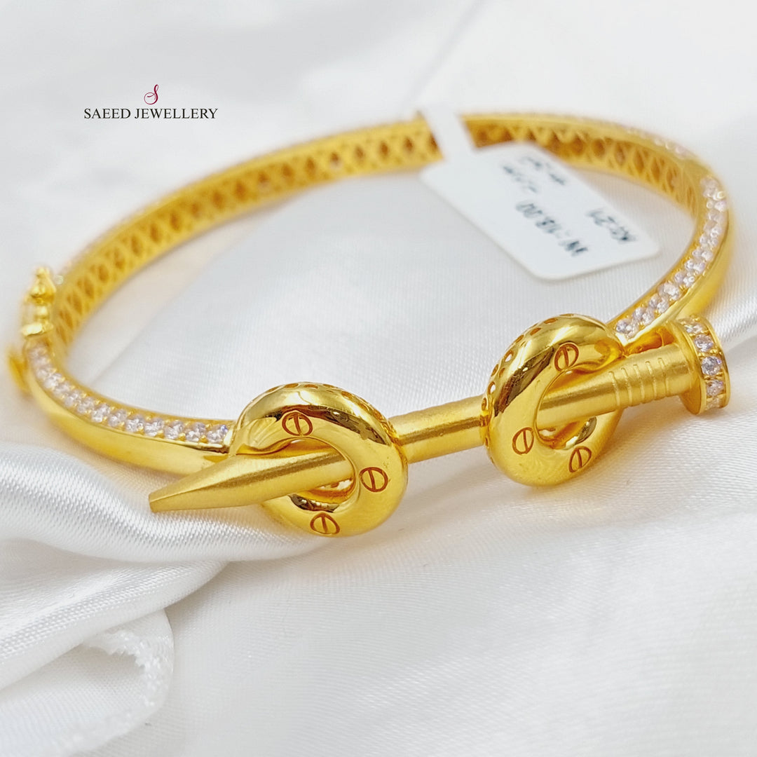 Zircon Studded Turkish Nail Bangle Bracelet Made of 21K Yellow Gold  by Saeed Jewelry-25900