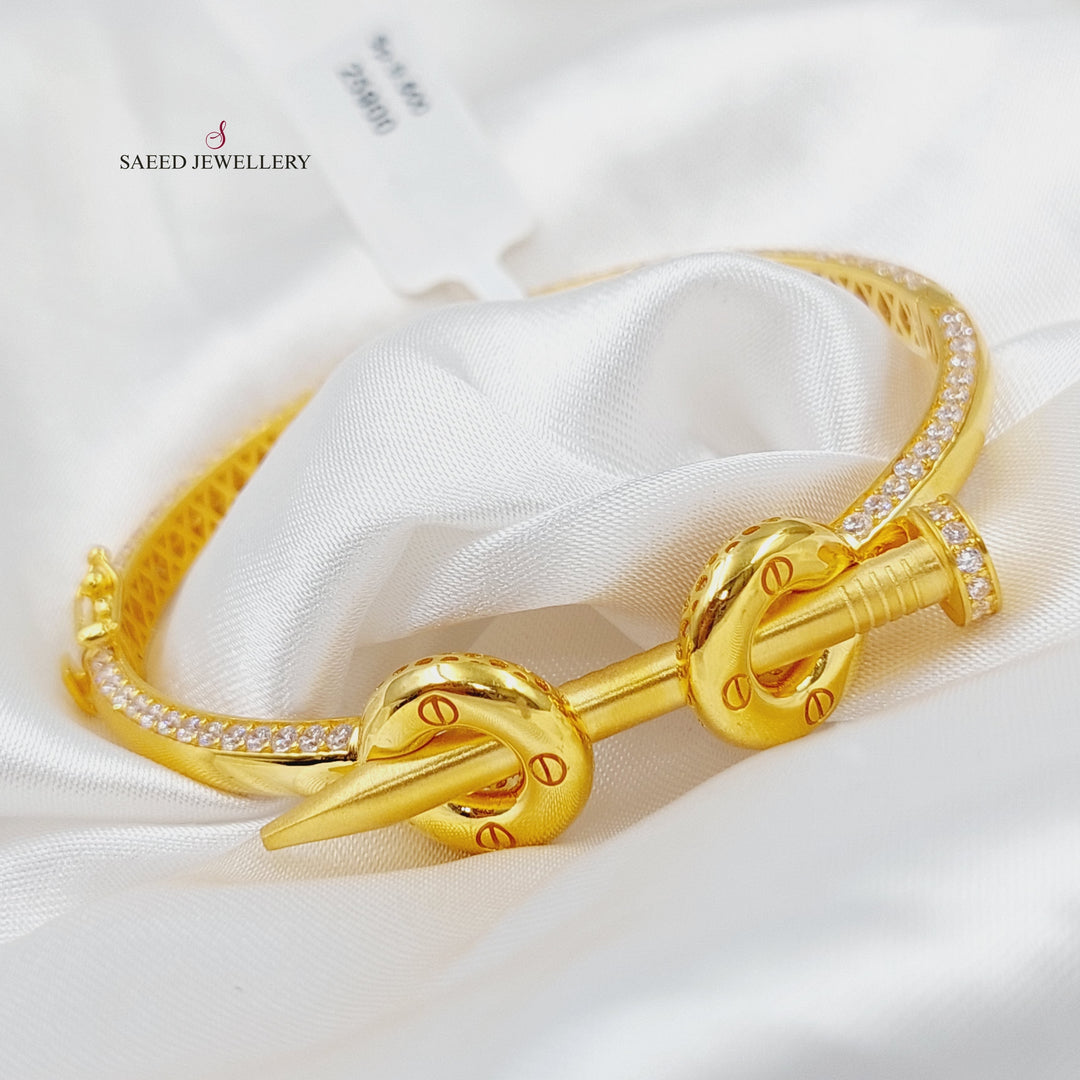 Zircon Studded Turkish Nail Bangle Bracelet Made of 21K Yellow Gold  by Saeed Jewelry-25900