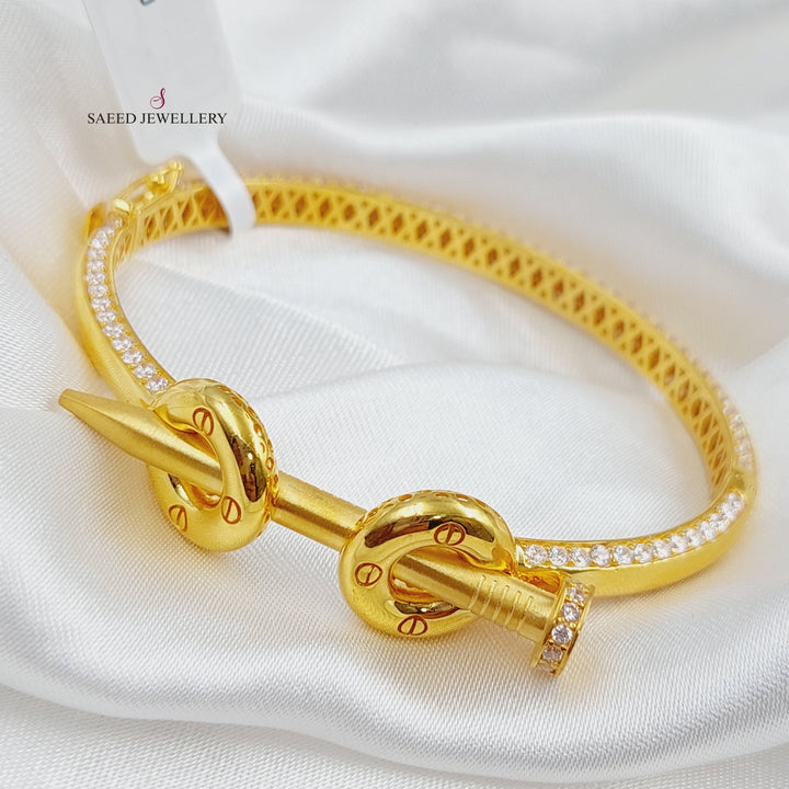 Zircon Studded Turkish Nail Bangle Bracelet Made of 21K Yellow Gold  by Saeed Jewelry-25900